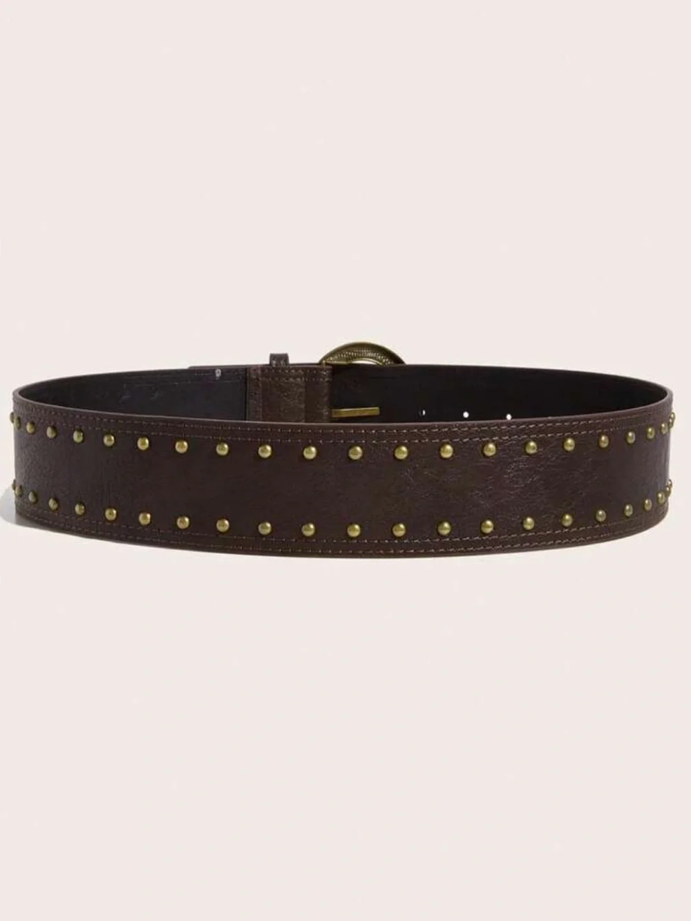 Brown Studded Wide Leather Belt with Antique Gold Buckle